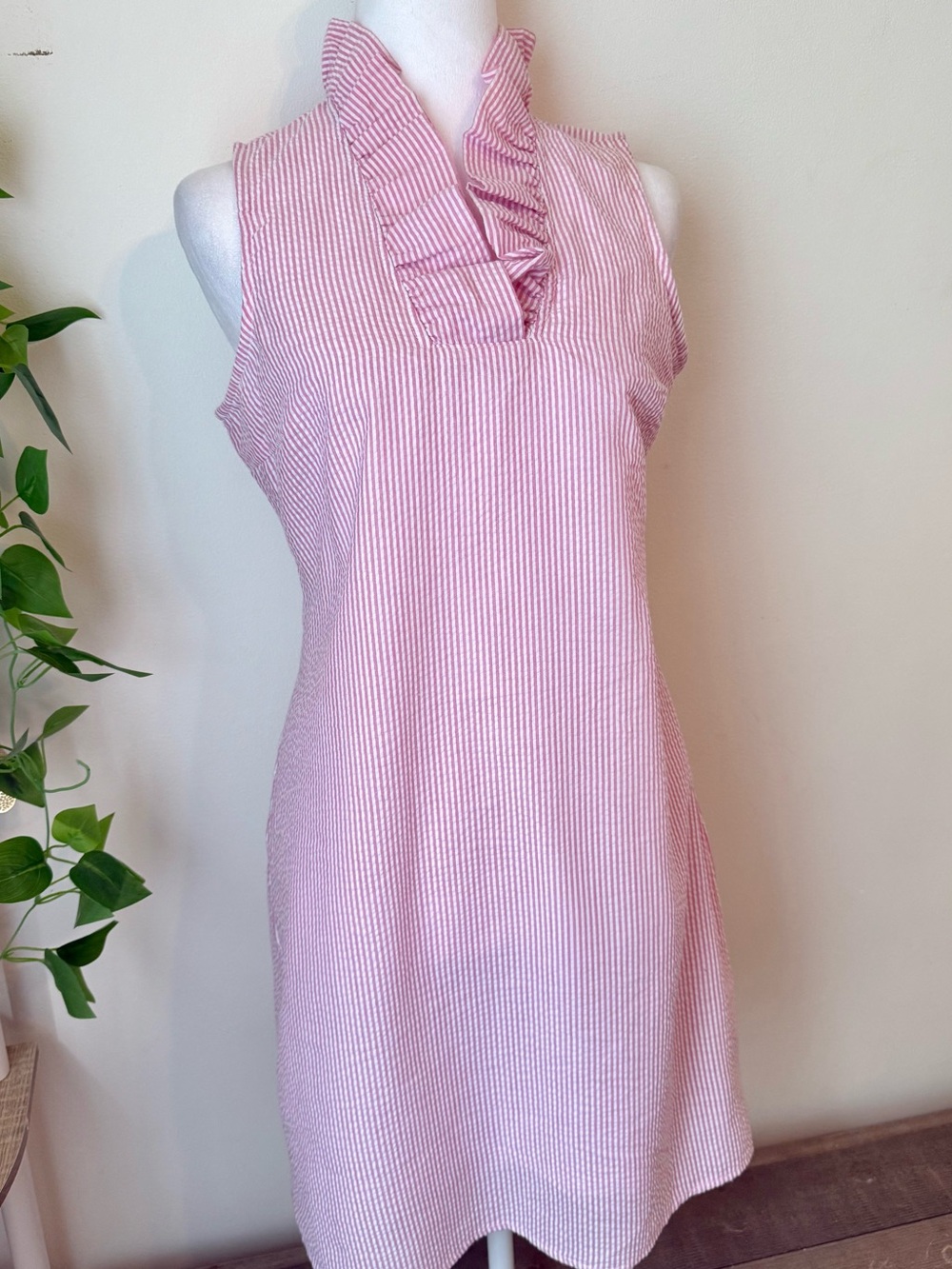 Mud Pie Pink Seersucker Ruffle Neck Sleeveless Dress